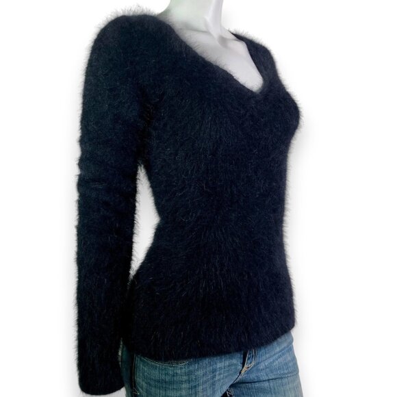 Vintage Banana Republic Angora Lambswool Sweater Medium Black V-Neck Fuzzy Women - Picture 1 of 7